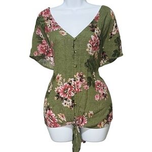 Maurices Women’s Top Size XXL Olive Floral Tie Front Button Down Blouse